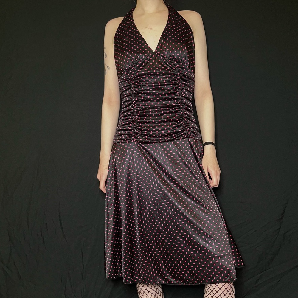 Ruby roxx vintage silky stretchy pink polka dot ruched midi dress retro style